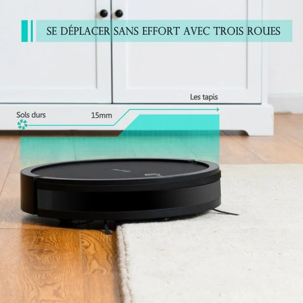 Aspirateur Robot Connecté Wifi 2000pa avec Réservoir d’Eau et Boîte à Poussière 5 Modes de Nettoyage 34,5x8cm Noir