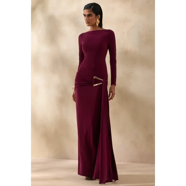 Astrielle | Robe longue bordeaux à encolure ronde avec détail doré et ceinture