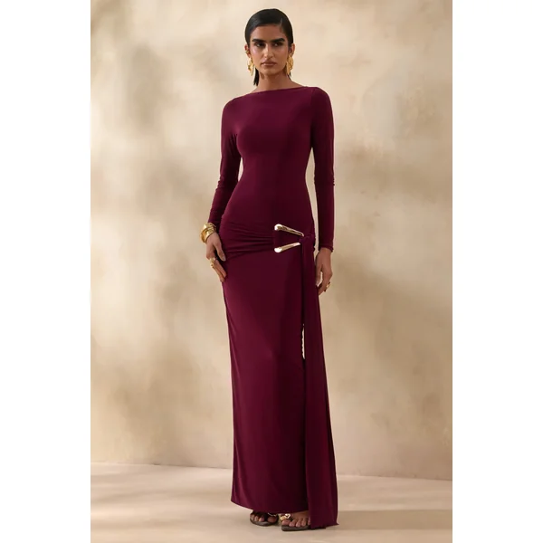 Astrielle | Robe longue bordeaux à encolure ronde avec détail doré et ceinture