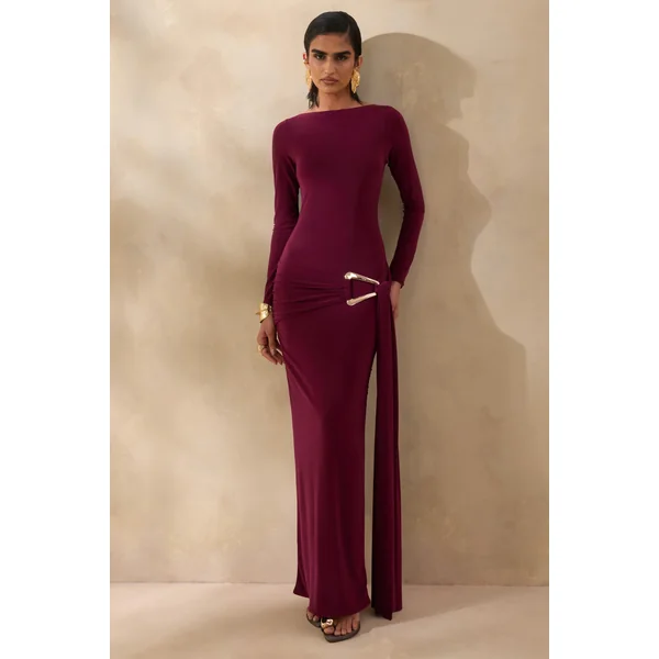 Astrielle | Robe longue bordeaux à encolure ronde avec détail doré et ceinture