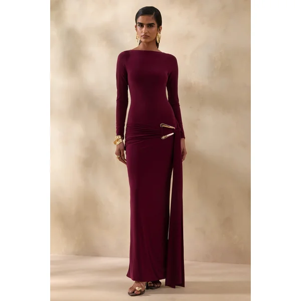 Astrielle | Robe longue bordeaux à encolure ronde avec détail doré et ceinture