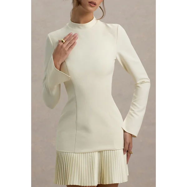 Athena | Mini-robe creme à manches longues et ourlet plissé