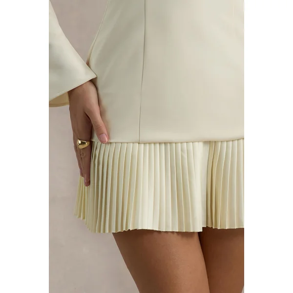 Athena | Mini-robe creme à manches longues et ourlet plissé