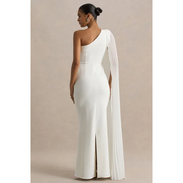 Athens | Robe longue blanche à encolure asymétrique avec détail de manche cape