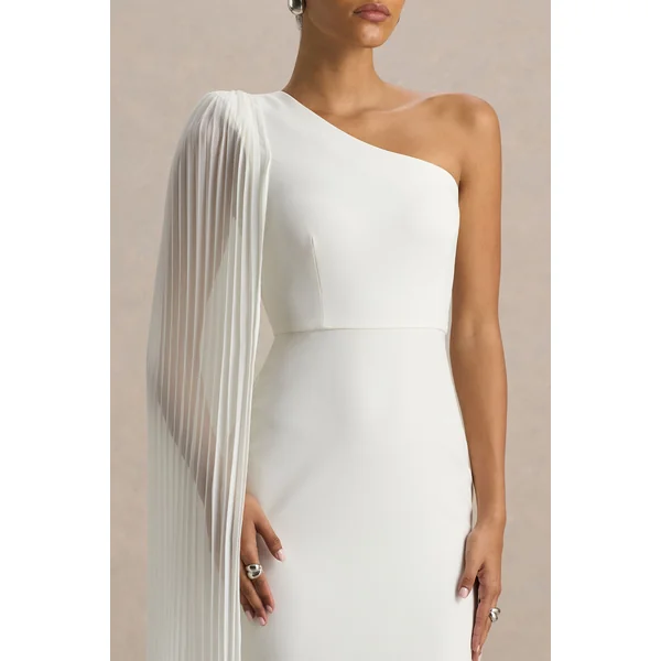 Athens | Robe longue blanche à encolure asymétrique avec détail de manche cape