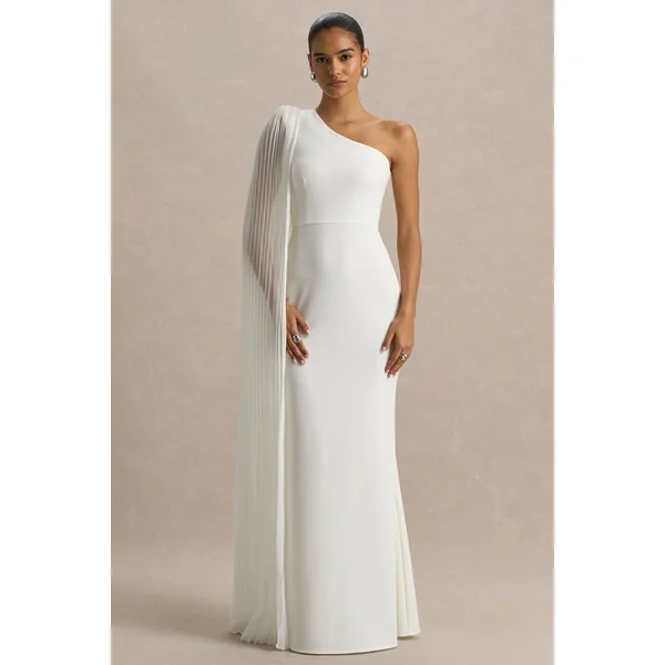 Athens | Robe longue blanche à encolure asymétrique avec détail de manche cape