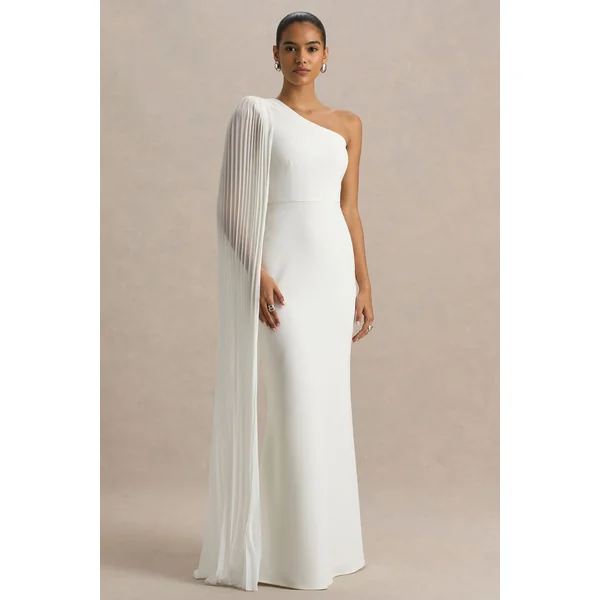 Athens | Robe longue blanche à encolure asymétrique avec détail de manche cape