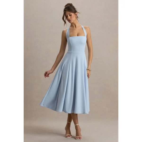 Auburn | Robe Mi-Longue Bleu Poudre à Encolure Licou