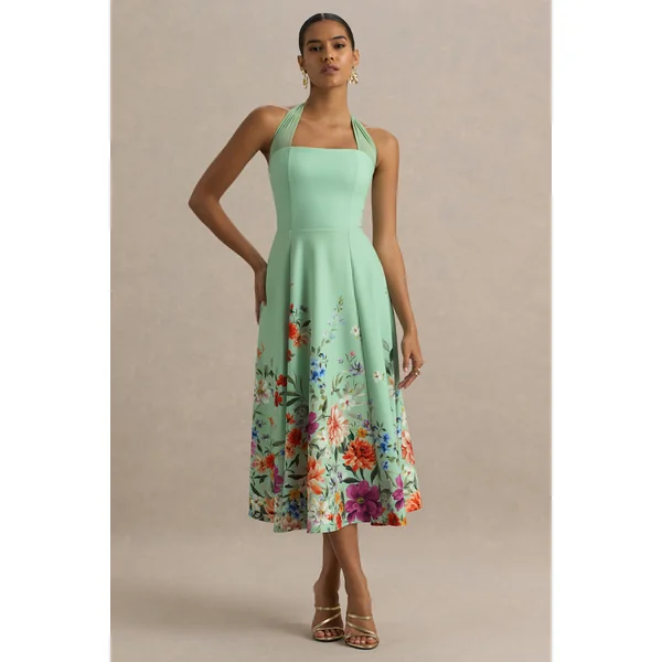 Auburn | Robe Mi-Longue Floral Vert à Encolure Licou
