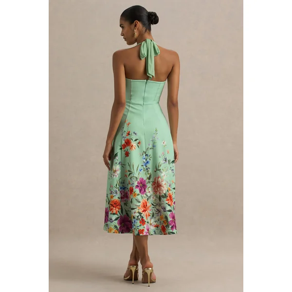 Auburn | Robe Mi-Longue Floral Vert à Encolure Licou