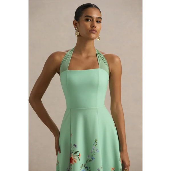 Auburn | Robe Mi-Longue Floral Vert à Encolure Licou