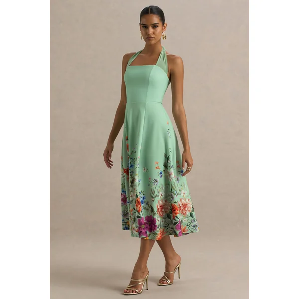 Auburn | Robe Mi-Longue Floral Vert à Encolure Licou