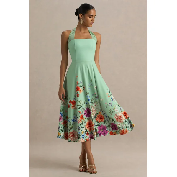 Auburn | Robe Mi-Longue Floral Vert à Encolure Licou