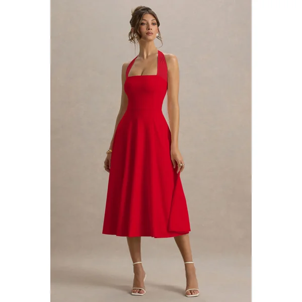 Auburn | Robe mi-longue patineuse rouge dos nu