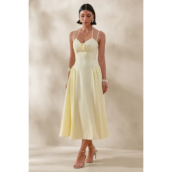 Audrey | Robe mi-longue citron à décolleté cœur avec détails froncés