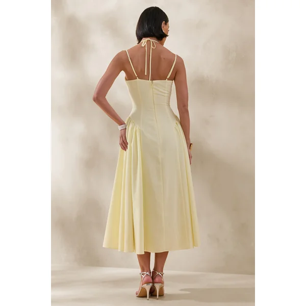 Audrey | Robe mi-longue citron à décolleté cœur avec détails froncés