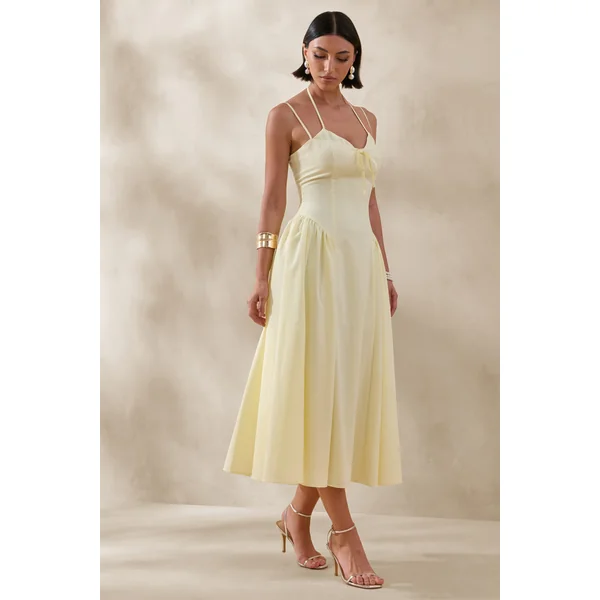 Audrey | Robe mi-longue citron à décolleté cœur avec détails froncés