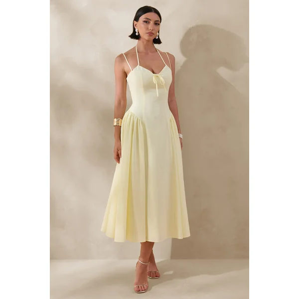 Audrey | Robe mi-longue citron à décolleté cœur avec détails froncés
