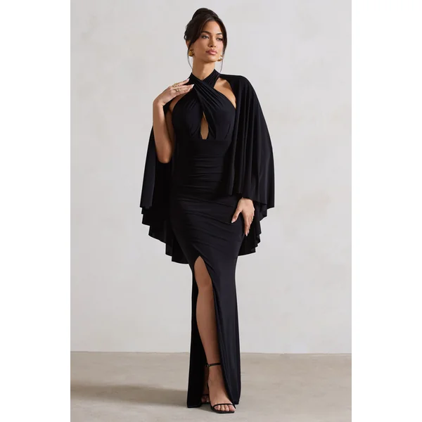 Audrina | Robe longue noire froncée à col haut fente et cape