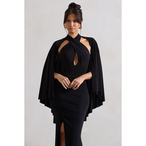 Audrina | Robe longue noire froncée à col haut fente et cape