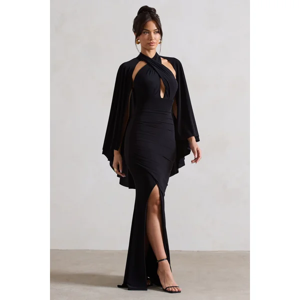 Audrina | Robe longue noire froncée à col haut fente et cape