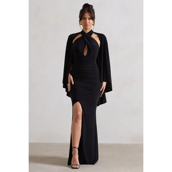 Audrina | Robe longue noire froncée à col haut fente et cape