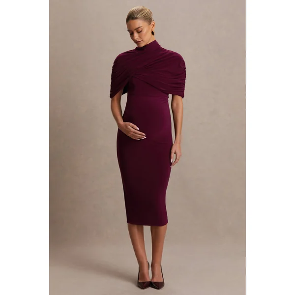 Augustina | Robe de maternité mi-longue bordeaux avec manches cape