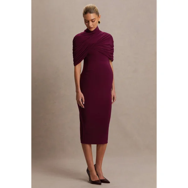 Augustina | Robe de maternité mi-longue bordeaux avec manches cape