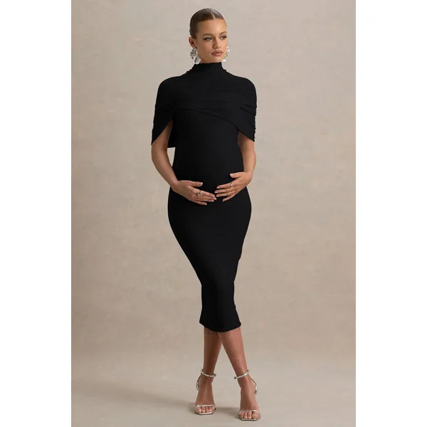 Augustina | Robe de maternité noire mi-longue avec cape