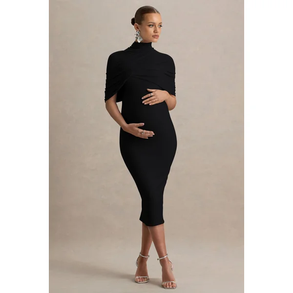Augustina | Robe de maternité noire mi-longue avec cape