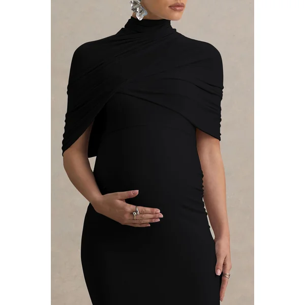 Augustina | Robe de maternité noire mi-longue avec cape