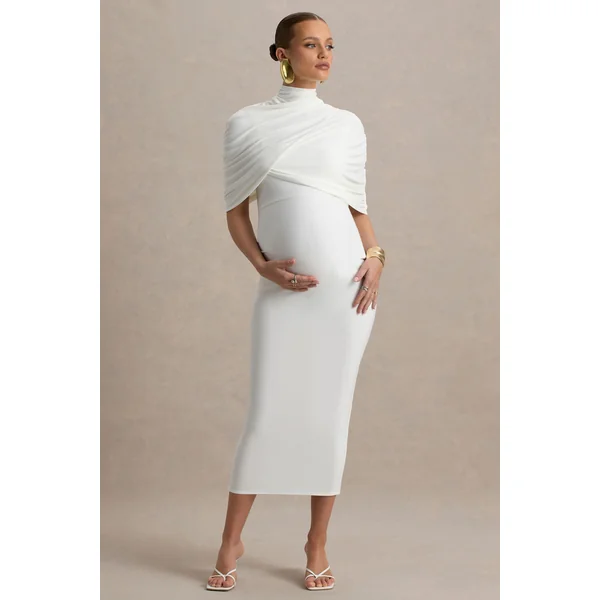 Augustina | Robe mi-longue de maternité blanche avec cape en mesh