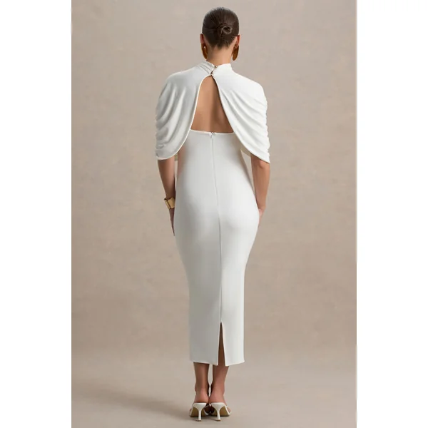 Augustina | Robe mi-longue de maternité blanche avec cape en mesh
