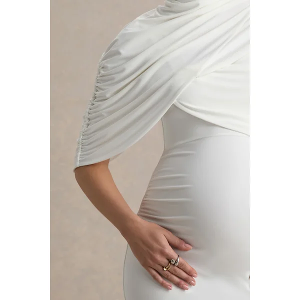 Augustina | Robe mi-longue de maternité blanche avec cape en mesh