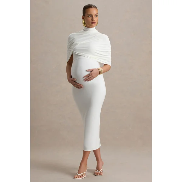 Augustina | Robe mi-longue de maternité blanche avec cape en mesh