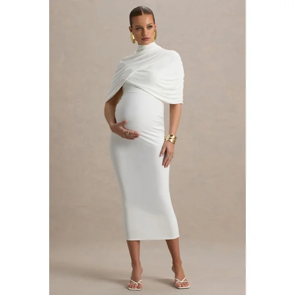Augustina | Robe mi-longue de maternité blanche avec cape en mesh
