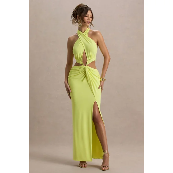 Aura | Robe longue vert citron à encolure halter découpes et fente