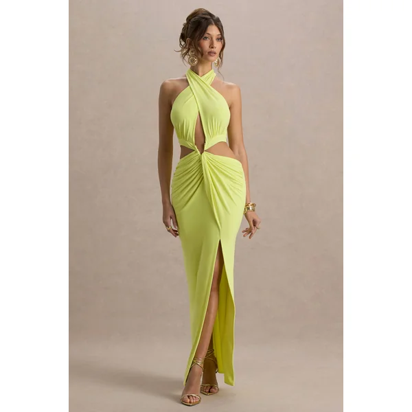 Aura | Robe longue vert citron à encolure halter découpes et fente