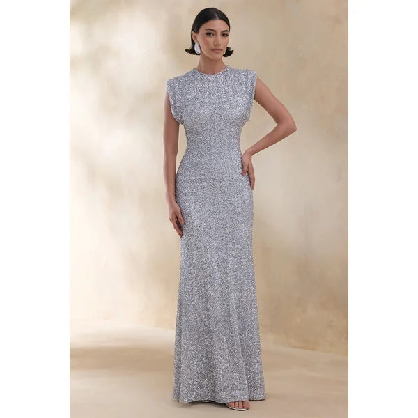 Aurah | Robe longue en sequins argentée à col rond et manches courtes