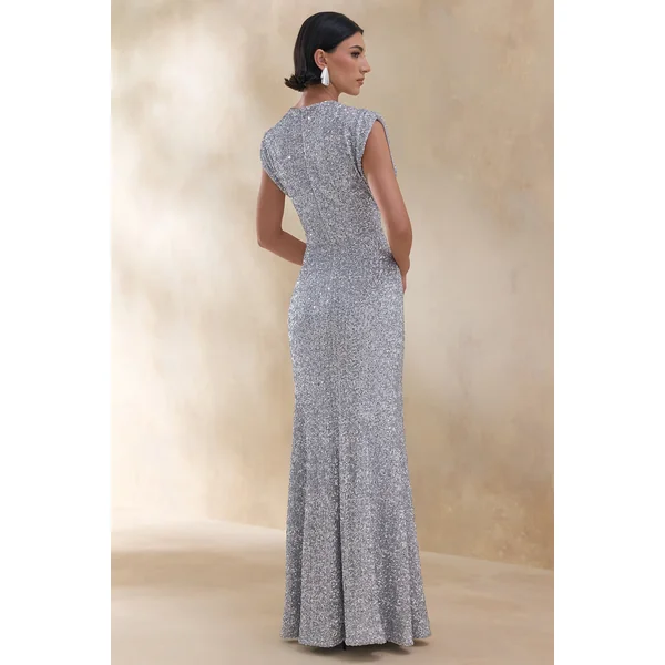 Aurah | Robe longue en sequins argentée à col rond et manches courtes