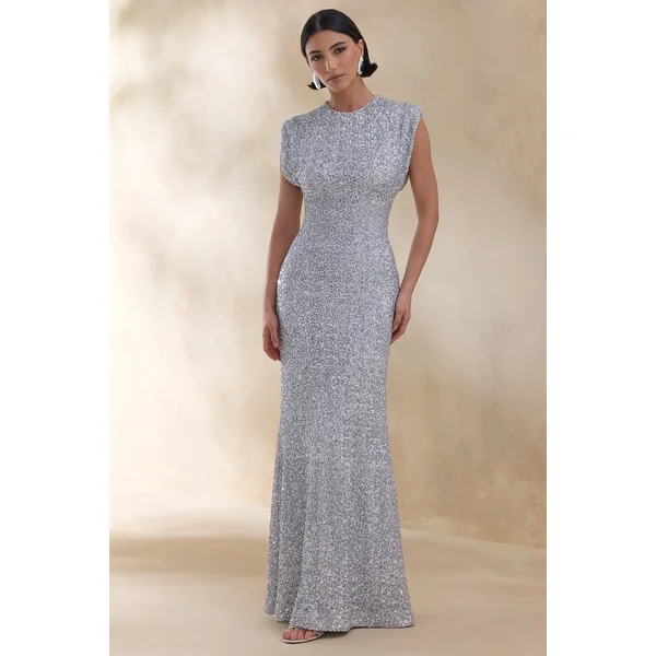 Aurah | Robe longue en sequins argentée à col rond et manches courtes