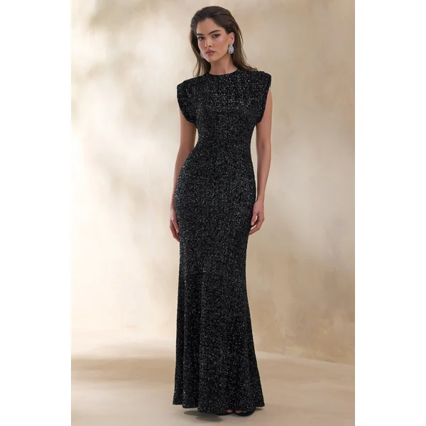 Aurah | Robe longue en sequins noire à col rond et manches courtes