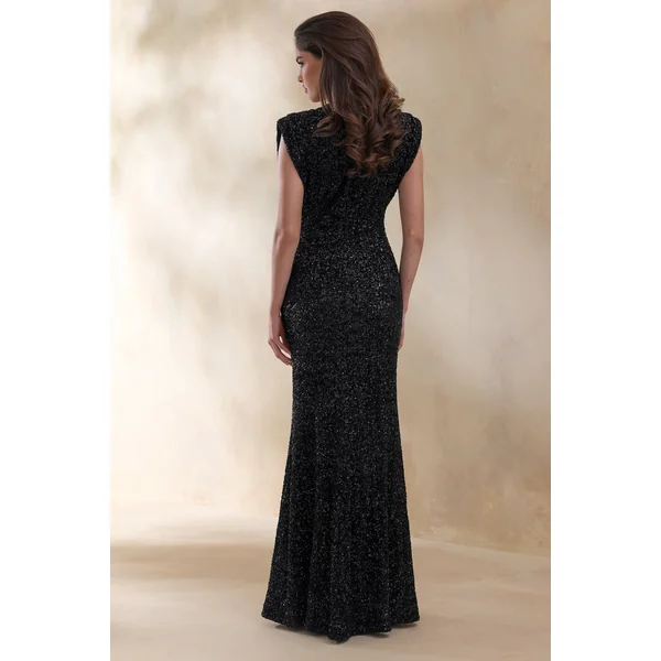 Aurah | Robe longue en sequins noire à col rond et manches courtes