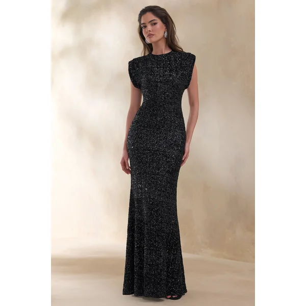 Aurah | Robe longue en sequins noire à col rond et manches courtes