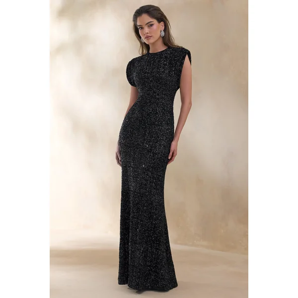 Aurah | Robe longue en sequins noire à col rond et manches courtes