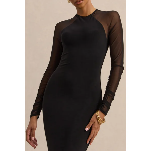 Aurevia | Robe mi-longue noire à encolure haute avec manches longues en mesh