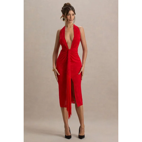 Auria | Robe Mi-Longue Rouge en Satin à Décolleté Plongeant avec Détails à Franges