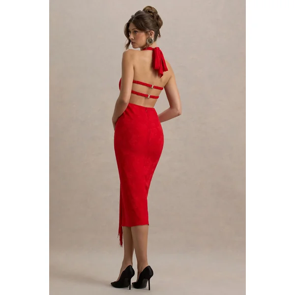 Auria | Robe Mi-Longue Rouge en Satin à Décolleté Plongeant avec Détails à Franges