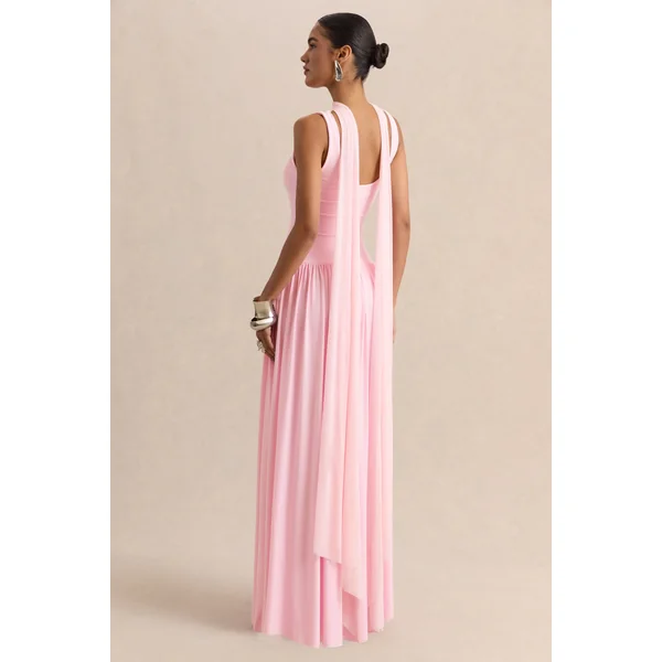 Aurina | Robe longue rose à encolure carrée avec cape