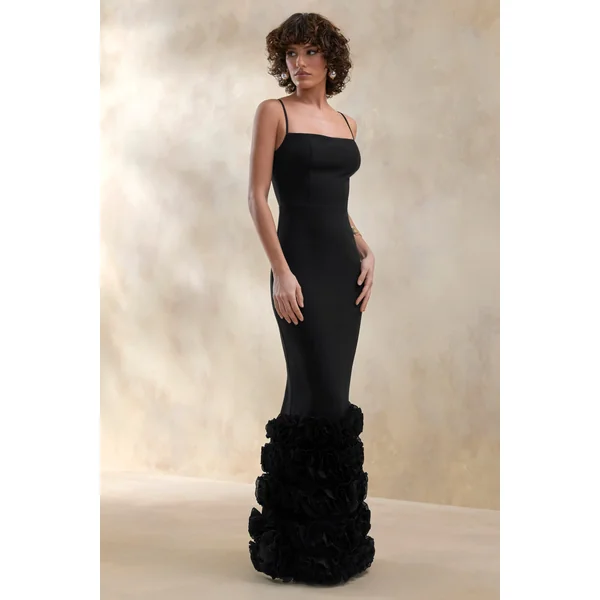 Aurose | Robe longue noire à encolure carrée avec ourlet sirène volanté